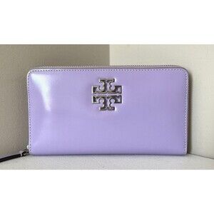 New Tory Burch Britten Patent Zip Continental Wallet Lavender with Card Holder